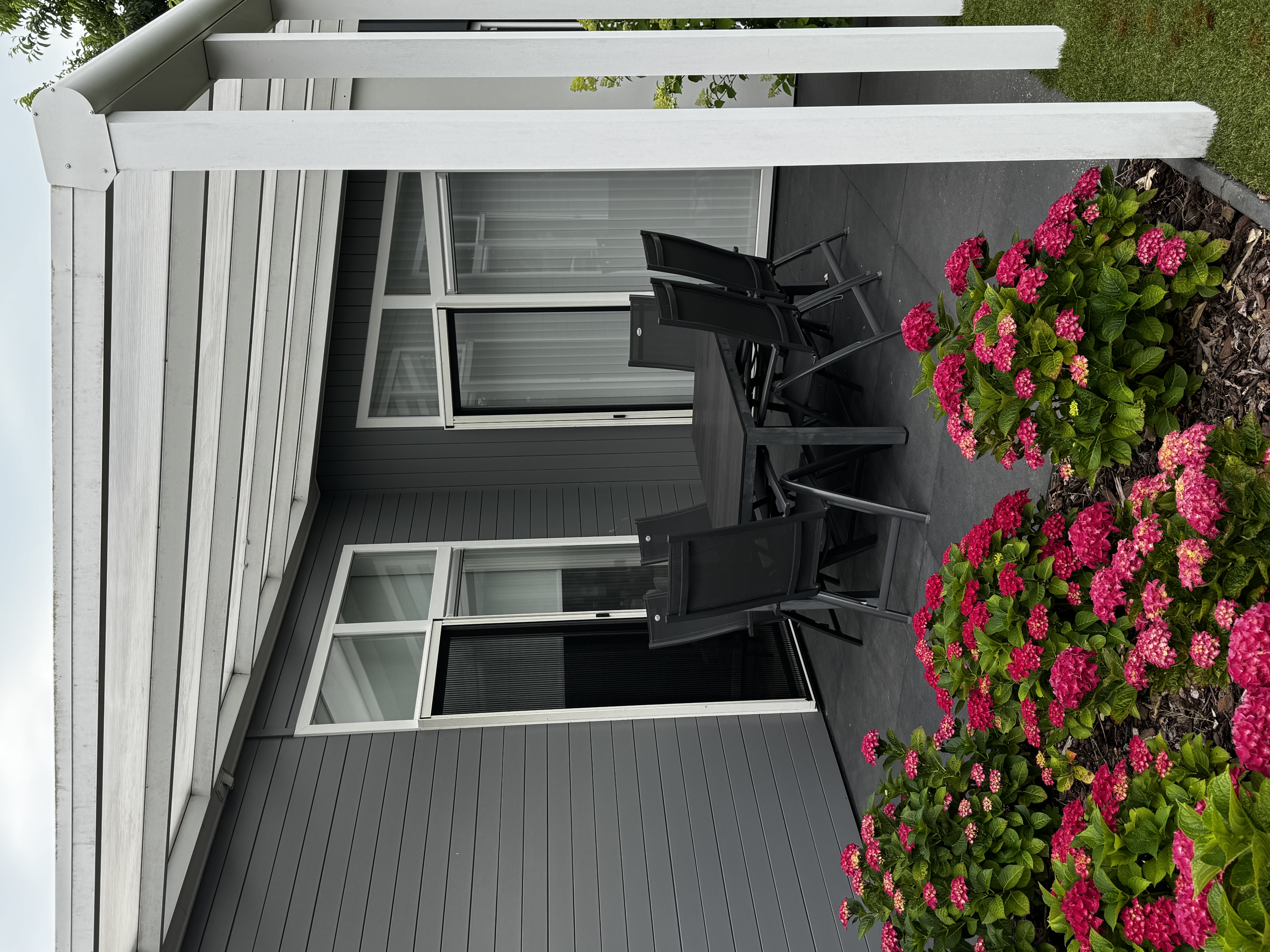 Covered terrace with hydrangeas